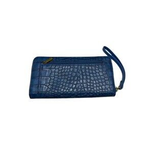 Fossil NWT NEW Jori Zip Clutch Blue Crocs Embossed Leather  Wrist Strap‎